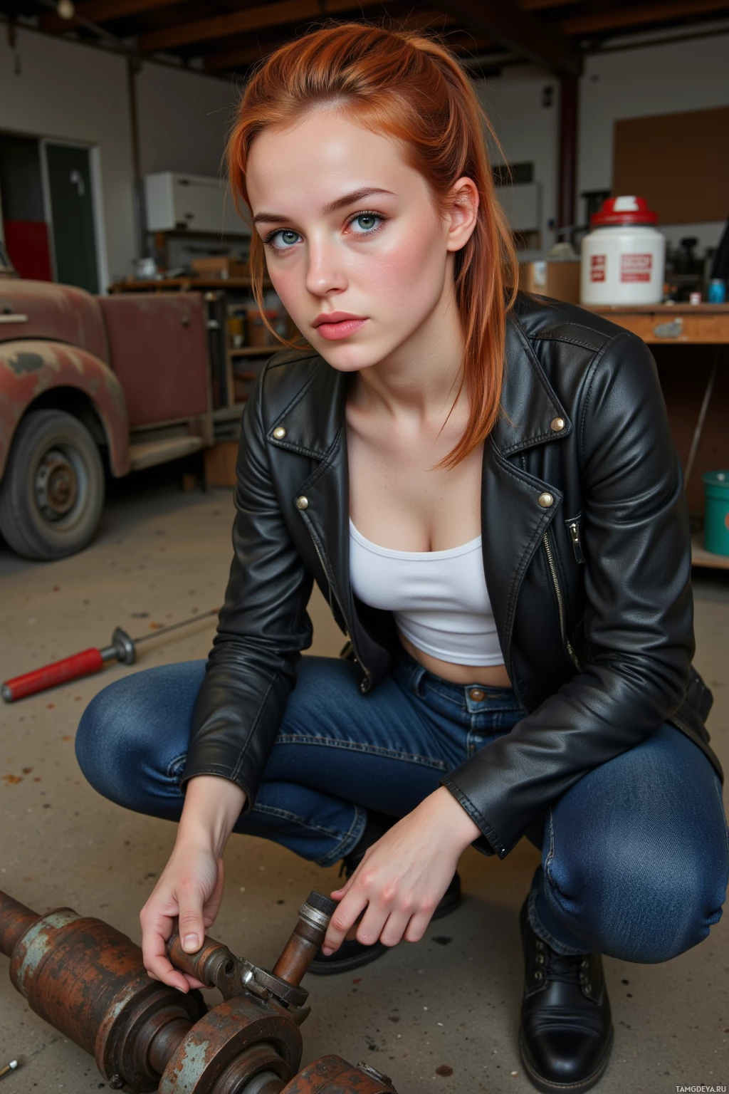 A person in a garage wearing a leather jacket and jeans, kneeling and working on a rusted mechanical part.