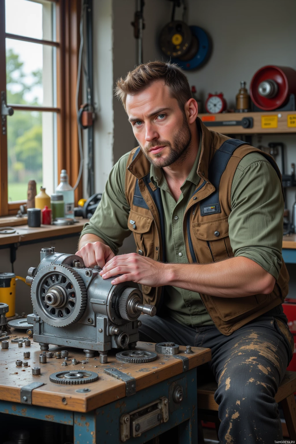 A man in a workshop setting, working on a mechanical device.