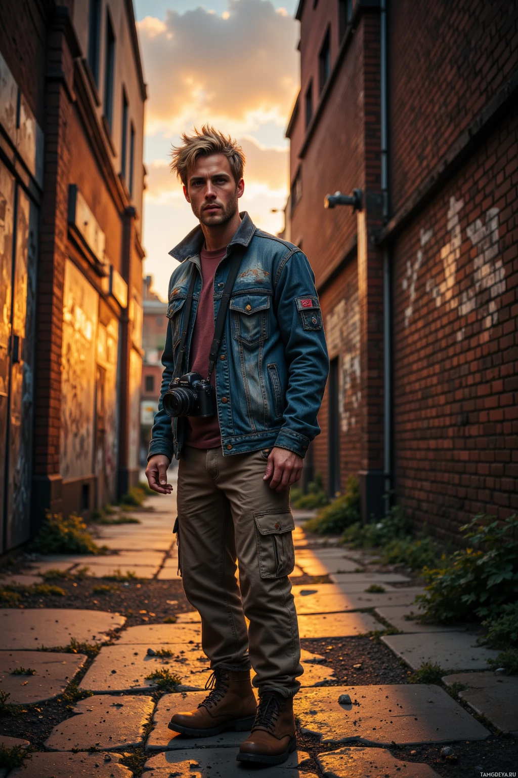 A man stands in an alleyway at sunset, wearing a denim jacket and cargo pants.