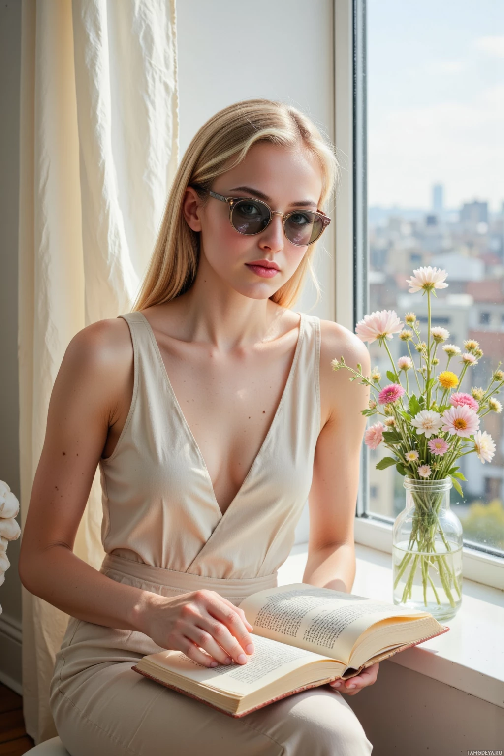 A woman sits by a window, reading a book with a vase of flowers nearby.