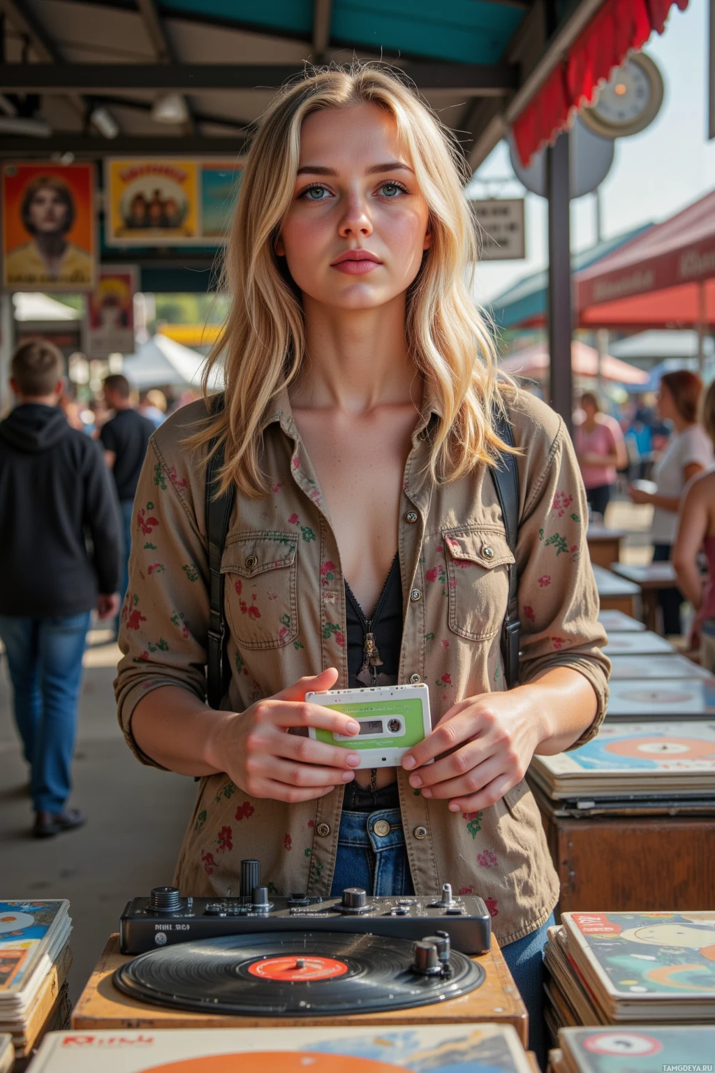 A person stands at a market stall, holding a cassette tape and standing near a record player.