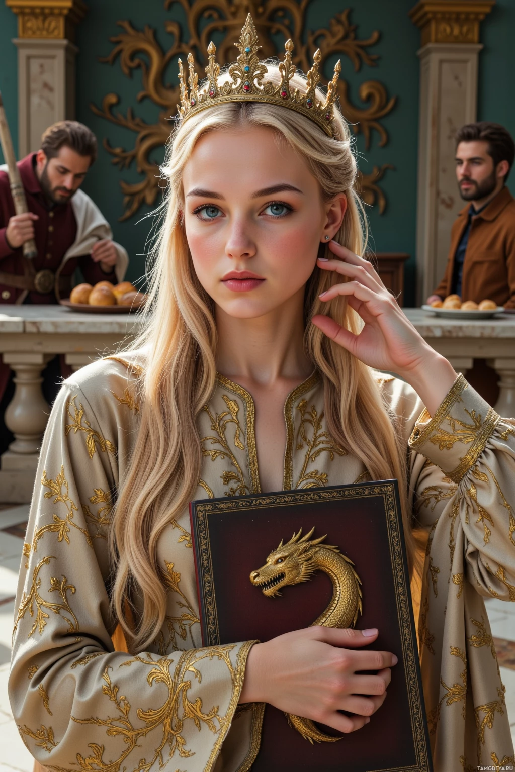 A woman in a regal outfit holds a book with a dragon emblem, while two men in the background appear to be engaged in a task.