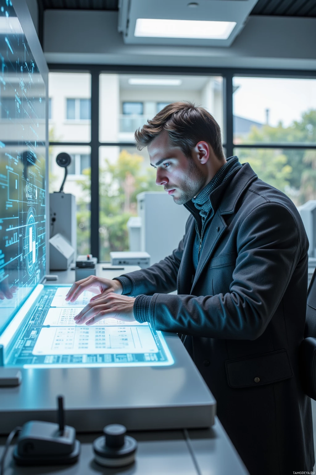 A man is working at a futuristic computer with a large screen displaying holographic data.