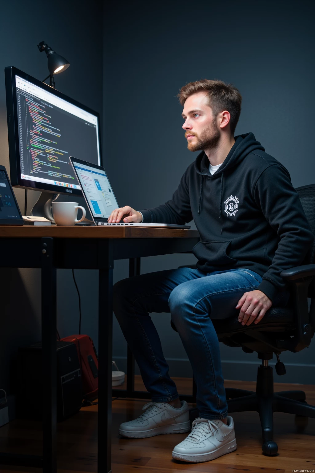 A person is sitting at a desk working on a computer with multiple screens.