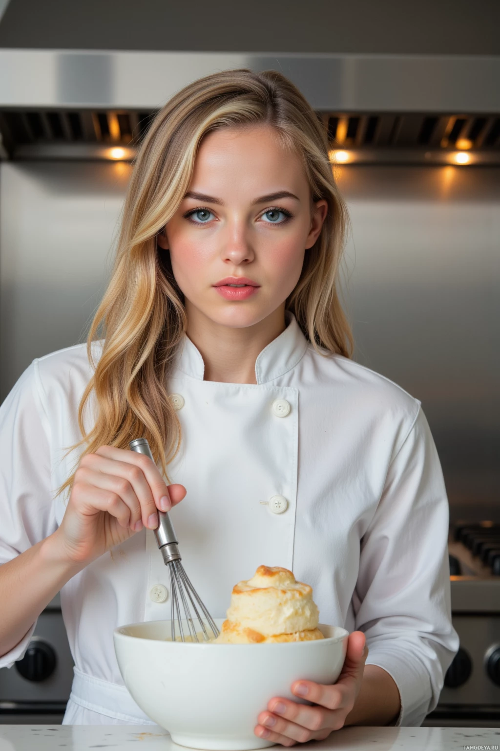A person in a white chef's uniform holds a whisk and a bowl with a baked good.