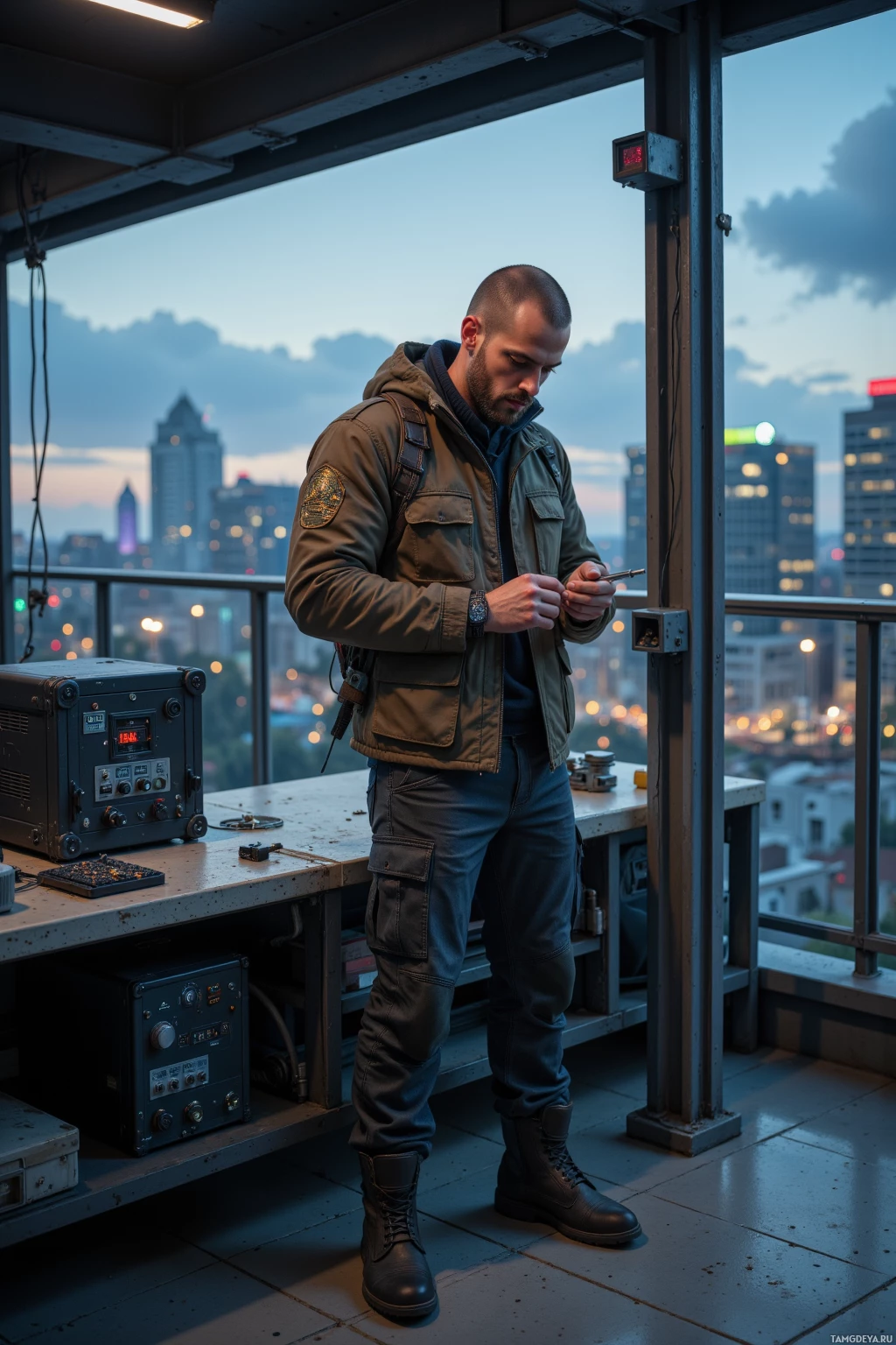 A man in a utility uniform stands on a rooftop, looking at a device in his hands.