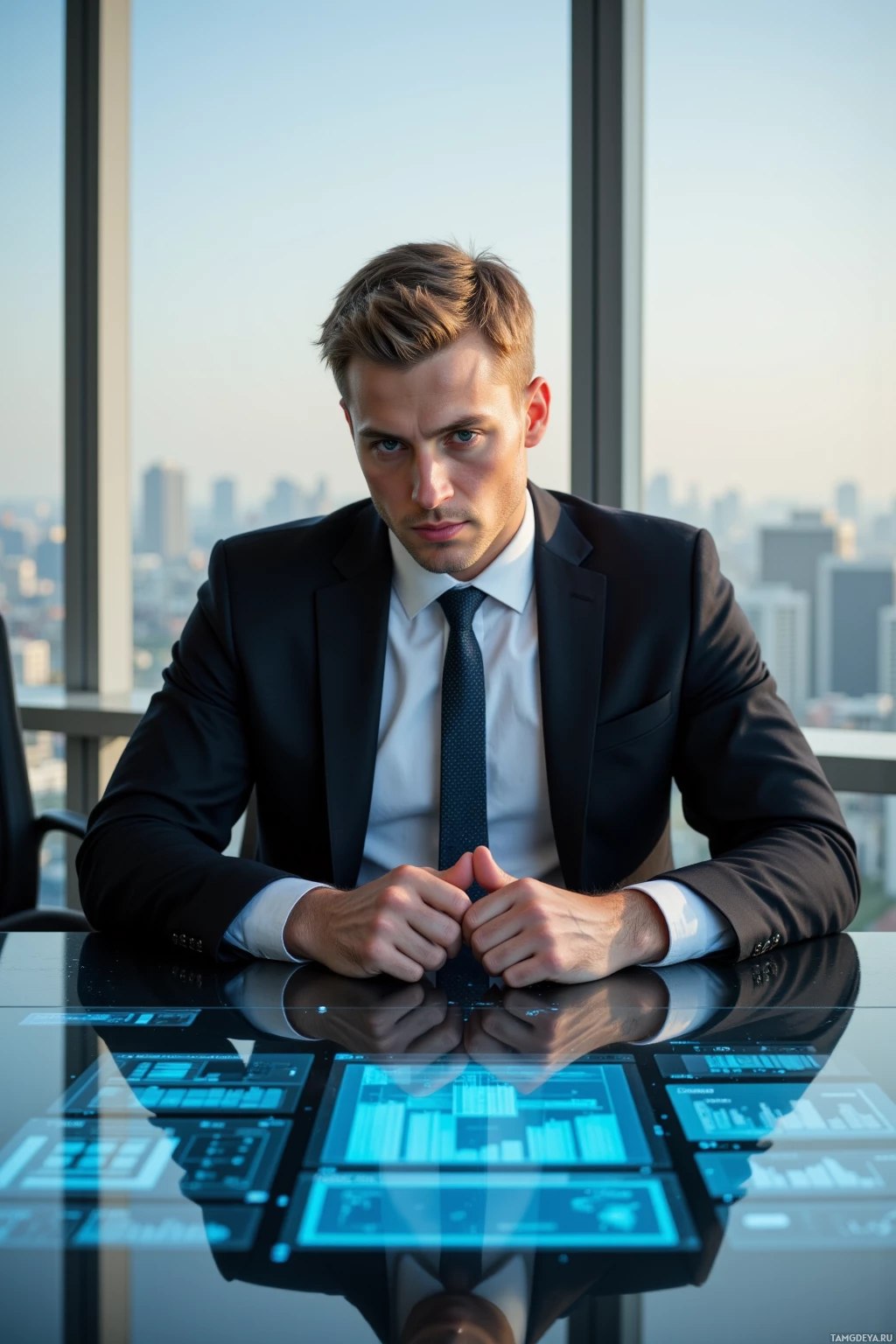 A man in a suit sits at a table with a futuristic display in front of him, overlooking a cityscape.