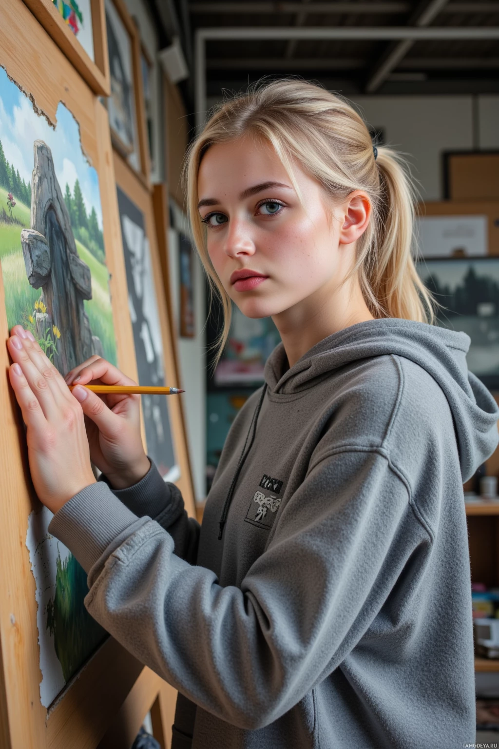 A person wearing a gray hoodie is holding a pencil and appears to be working on a painting.
