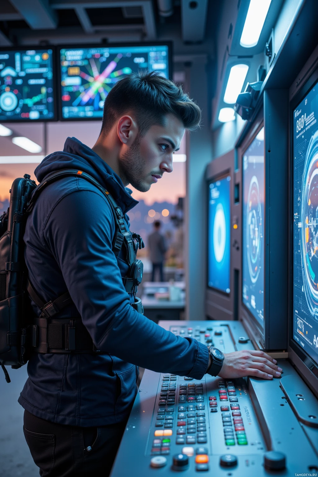 A person in a control room operates a complex console with multiple screens displaying data.