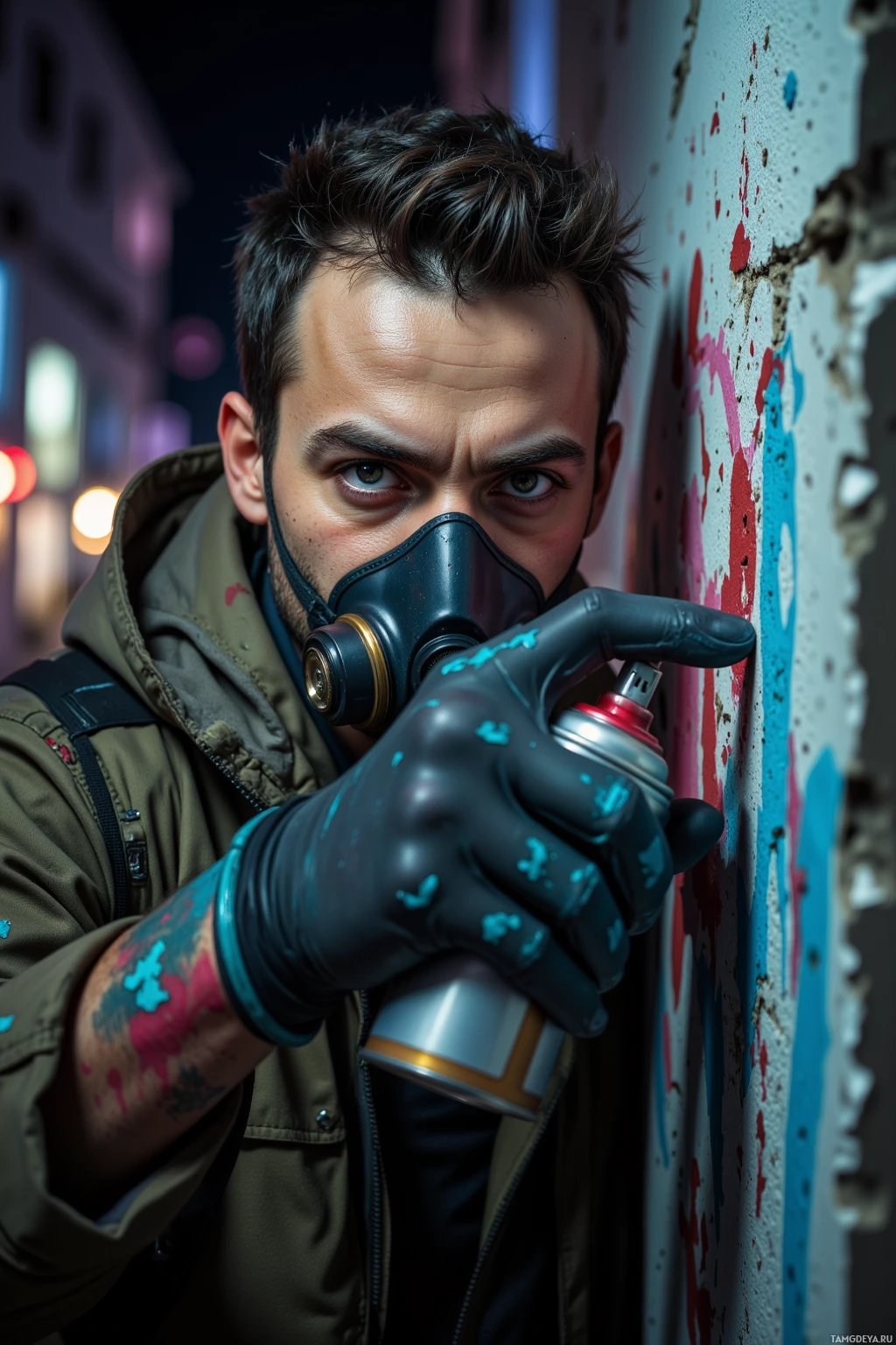 A person wearing a gas mask and gloves holds a spray paint can, standing against a wall with graffiti.
