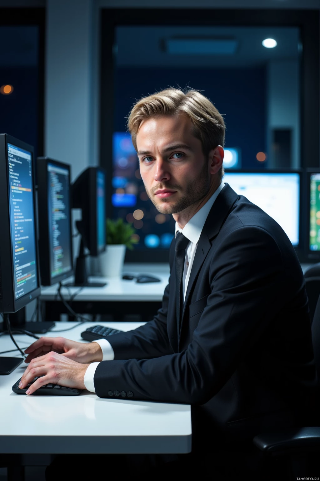 A man in a suit sits at a desk in an office, working on a computer.