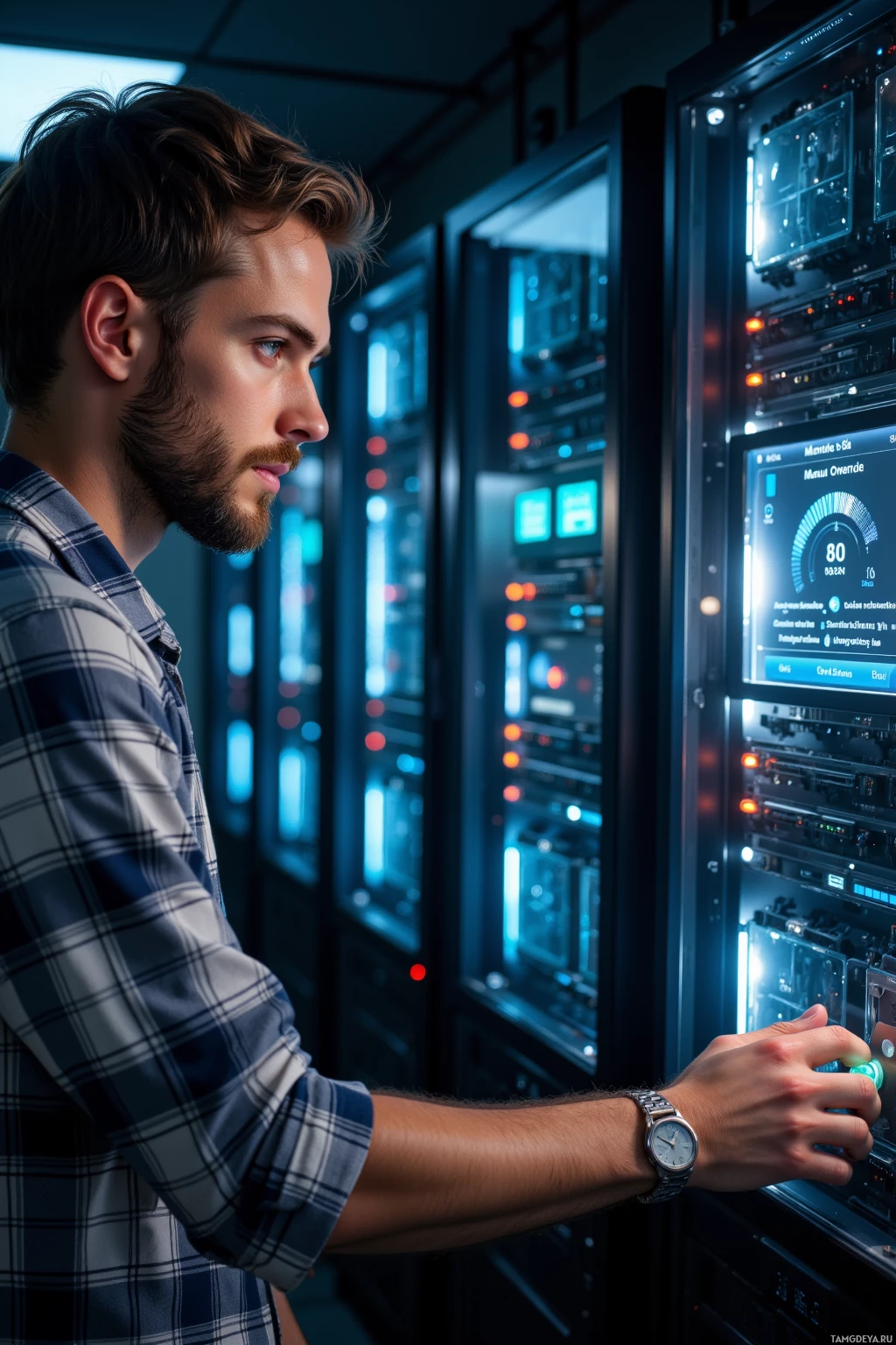 A man in a plaid shirt is interacting with a server rack in a dimly lit room.