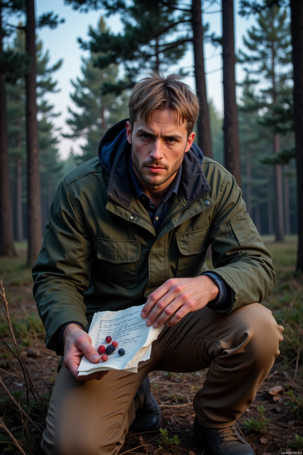 A man in a forest holds a piece of paper and some berries.