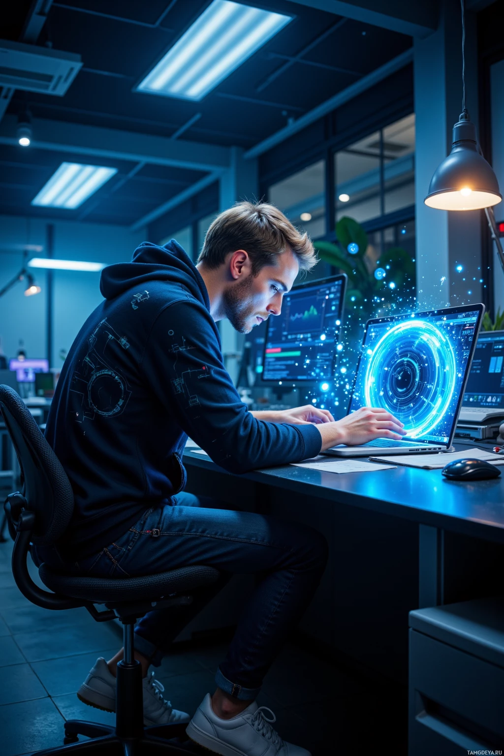 A person is working at a desk in a modern office environment, using a laptop with glowing blue graphics.