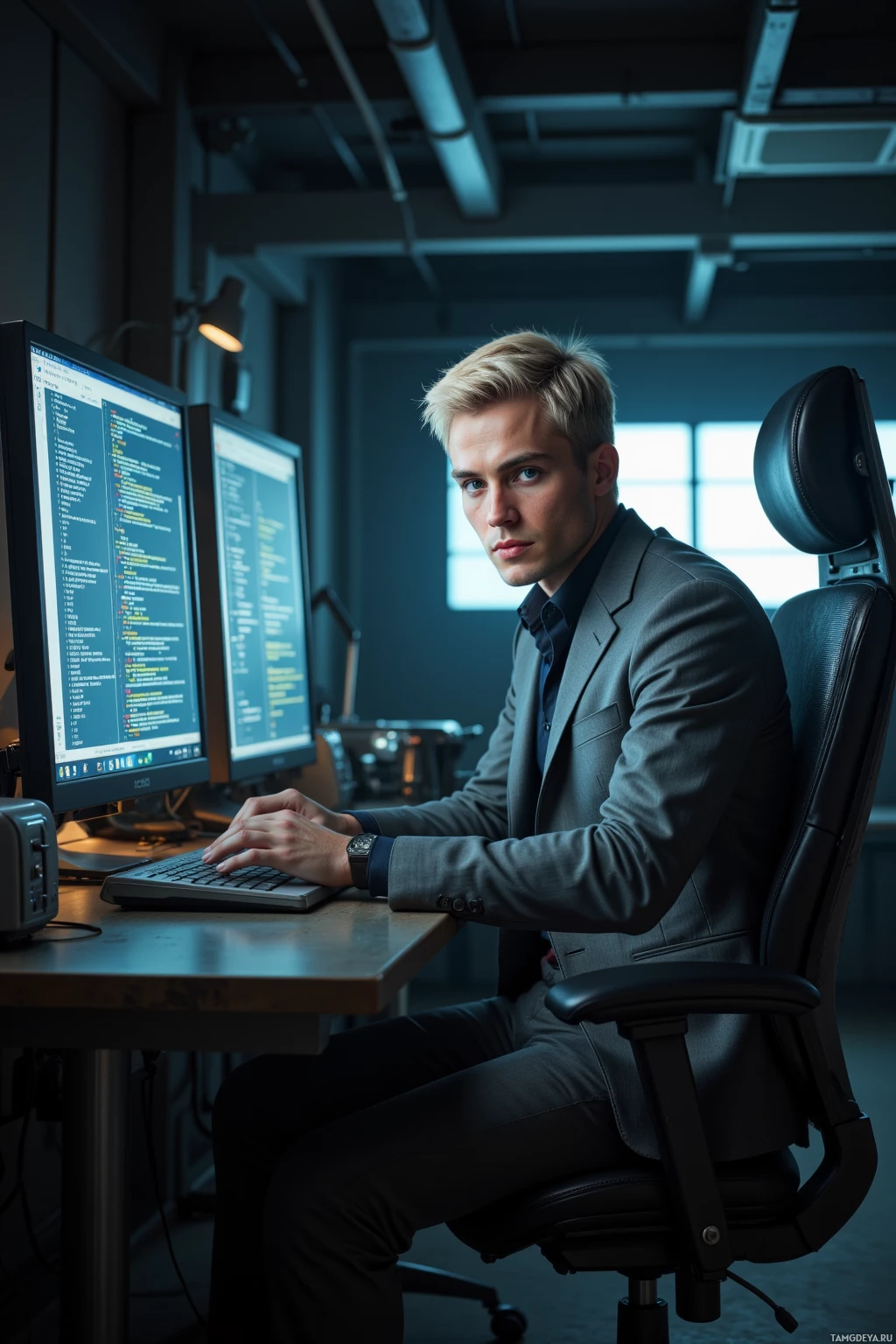 A man in a suit sits at a desk with two computer monitors, appearing focused.