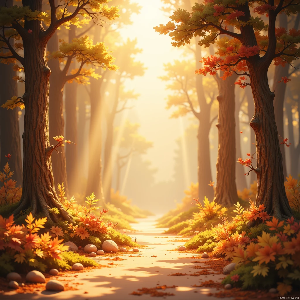 A serene forest path lined with autumn-colored trees and foliage, bathed in golden sunlight.