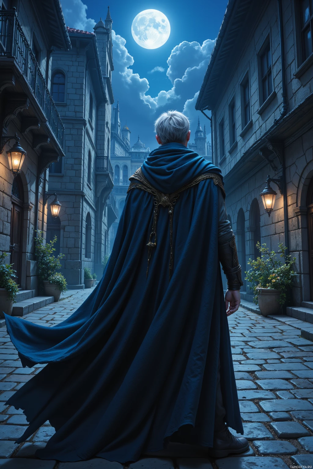 A person in a long blue cloak walks down a cobblestone street under a full moon.
