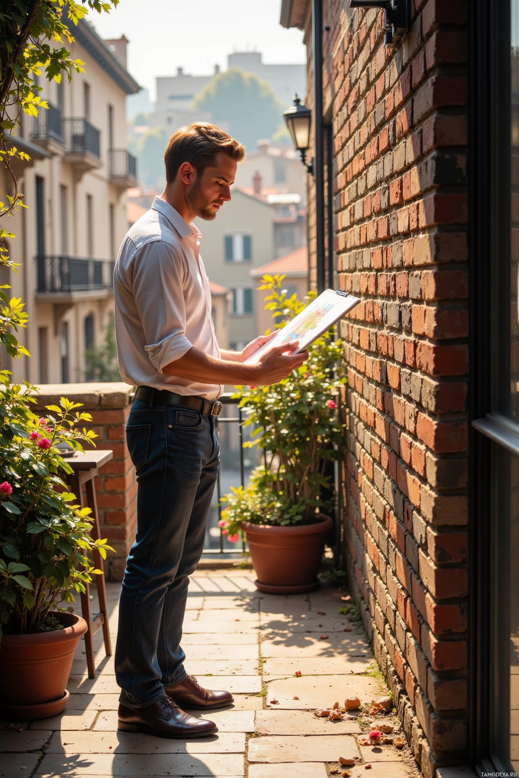 A man stands on a balcony, examining a tablet.