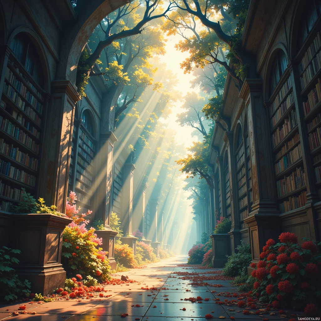 A sunlit library corridor lined with bookshelves and vibrant flowers.