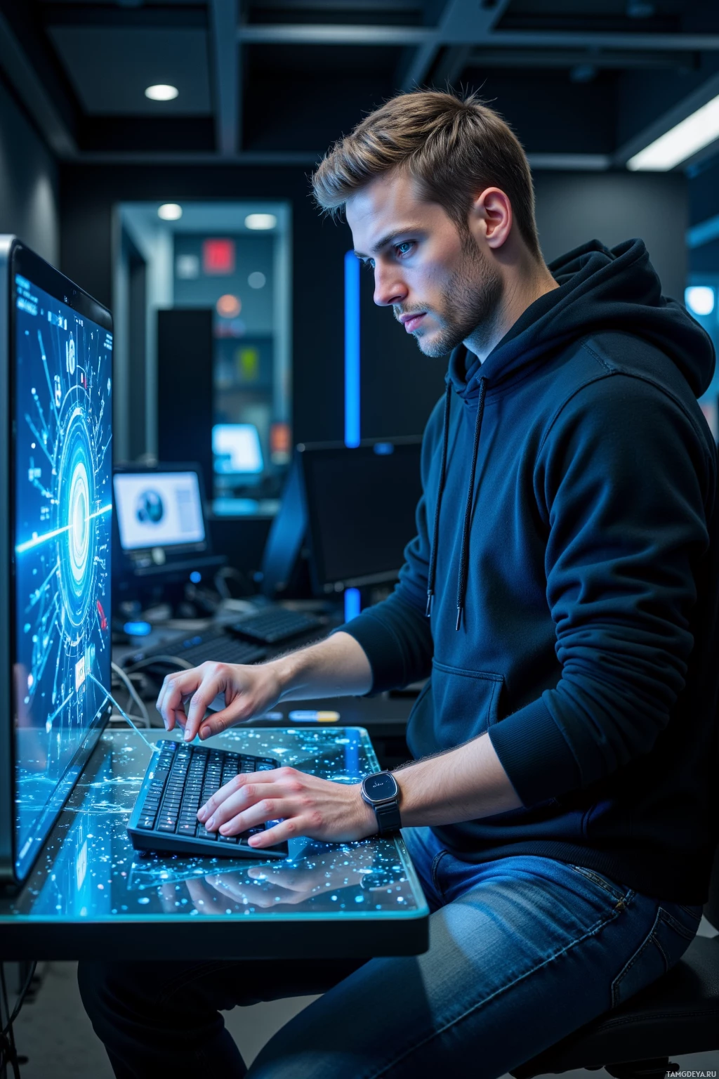 A person in a hoodie is working on a computer in a modern office setting.