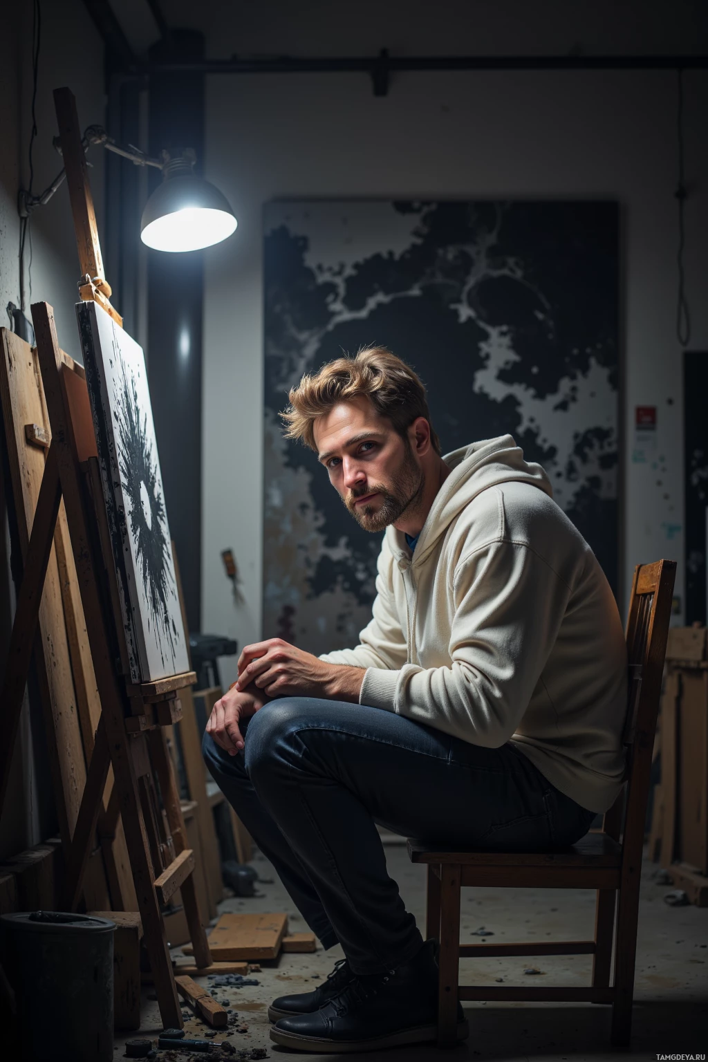 A man sits on a chair in a dimly lit room, wearing a hoodie and jeans, with an easel and artwork in the background.