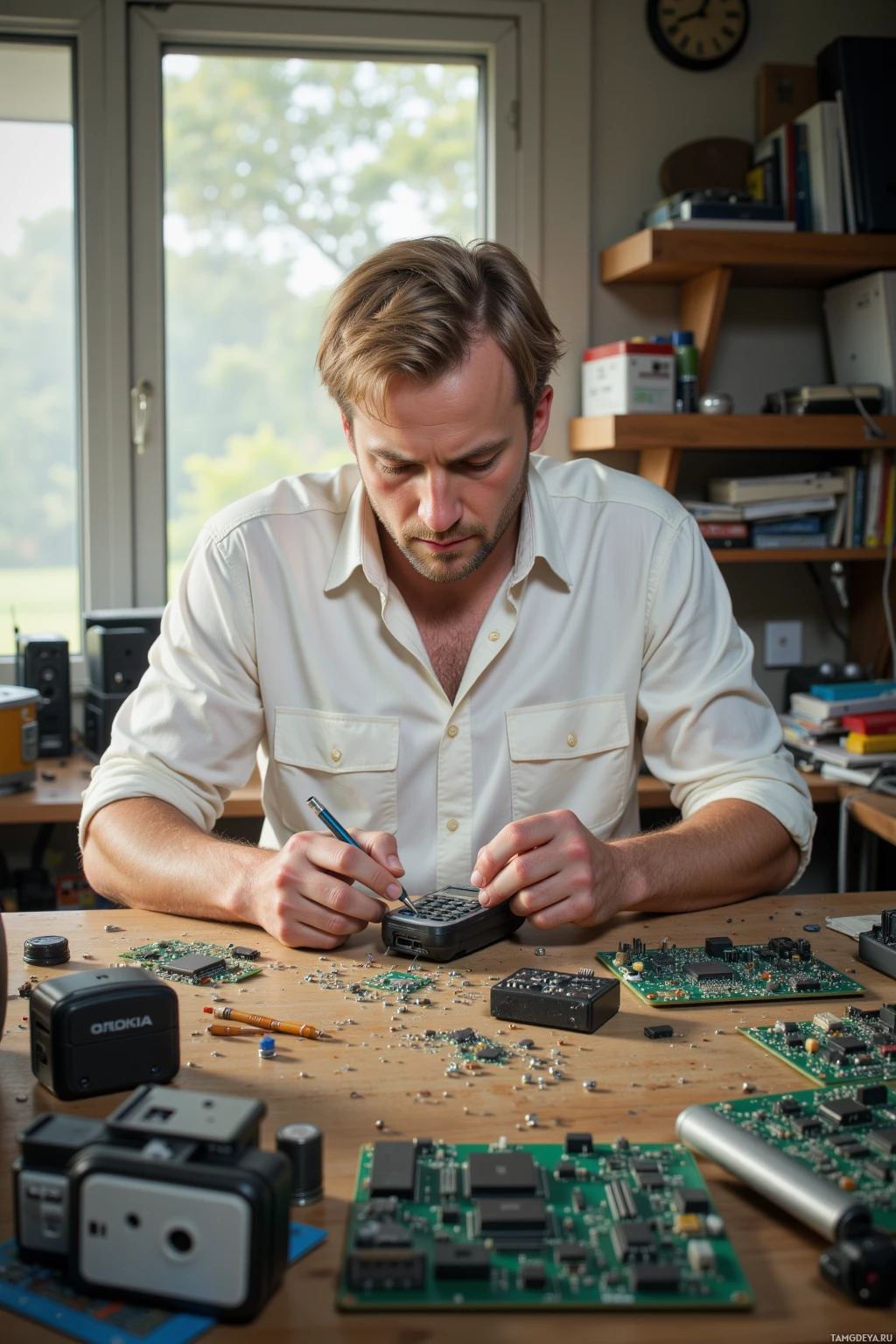 A man is working on electronic components at a desk in a well-lit room.