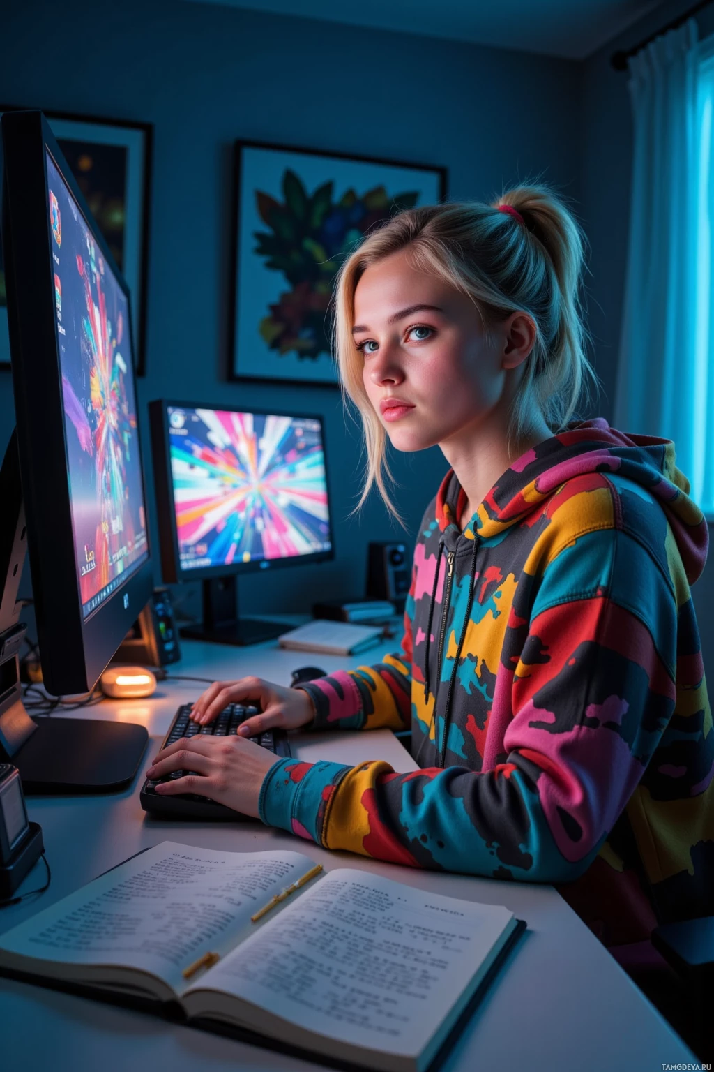 A person in a colorful hoodie is working at a desk with two computer monitors, a keyboard, and an open book.
