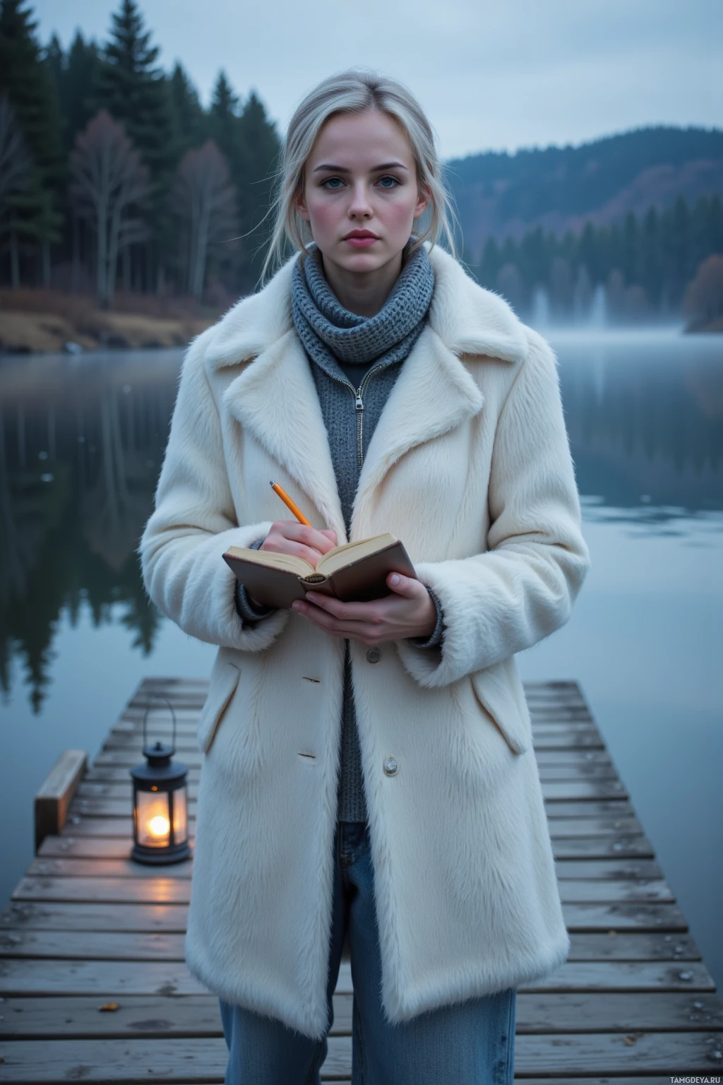 A person wearing a white fur coat and holding a notebook stands on a dock by a lake.