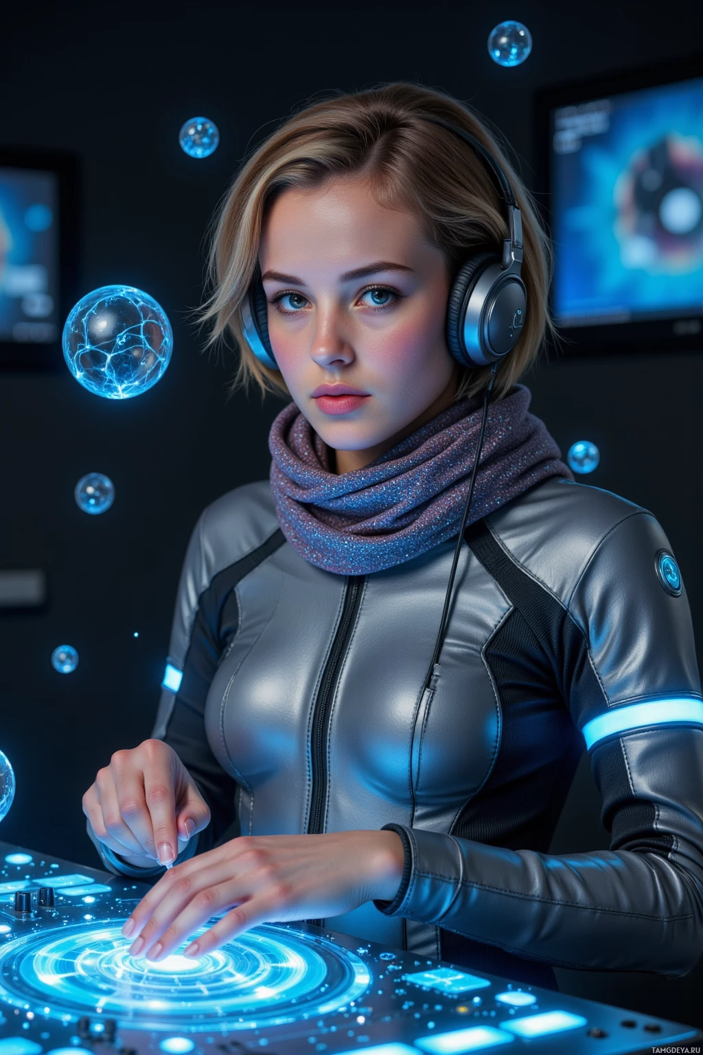 A person in a futuristic outfit interacts with a glowing, high-tech interface.