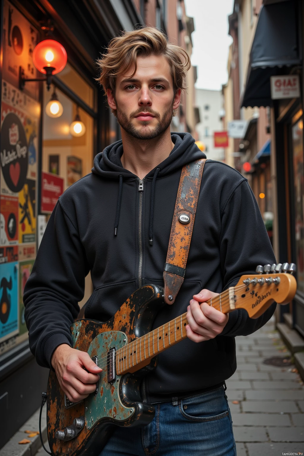 A young man stands on a street holding a guitar, wearing a black hoodie and jeans.
