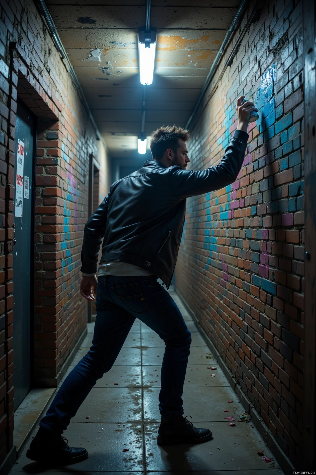 A person in a leather jacket spray-paints a brick wall in a dimly lit alleyway.