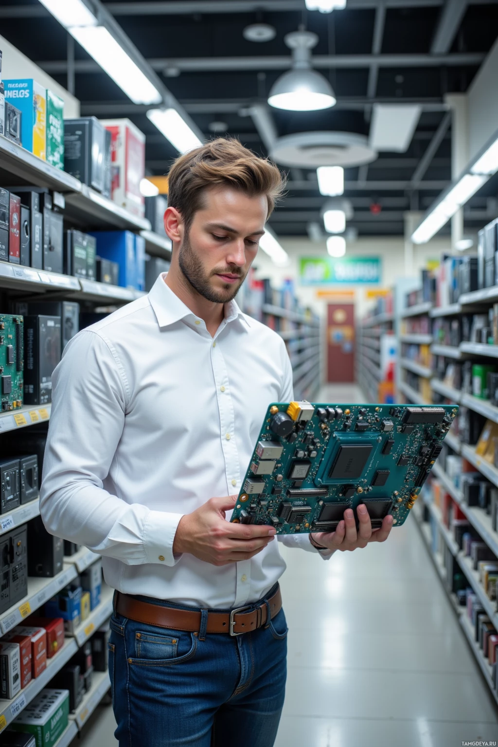 A man in a white shirt and jeans holds a circuit board in a store aisle.