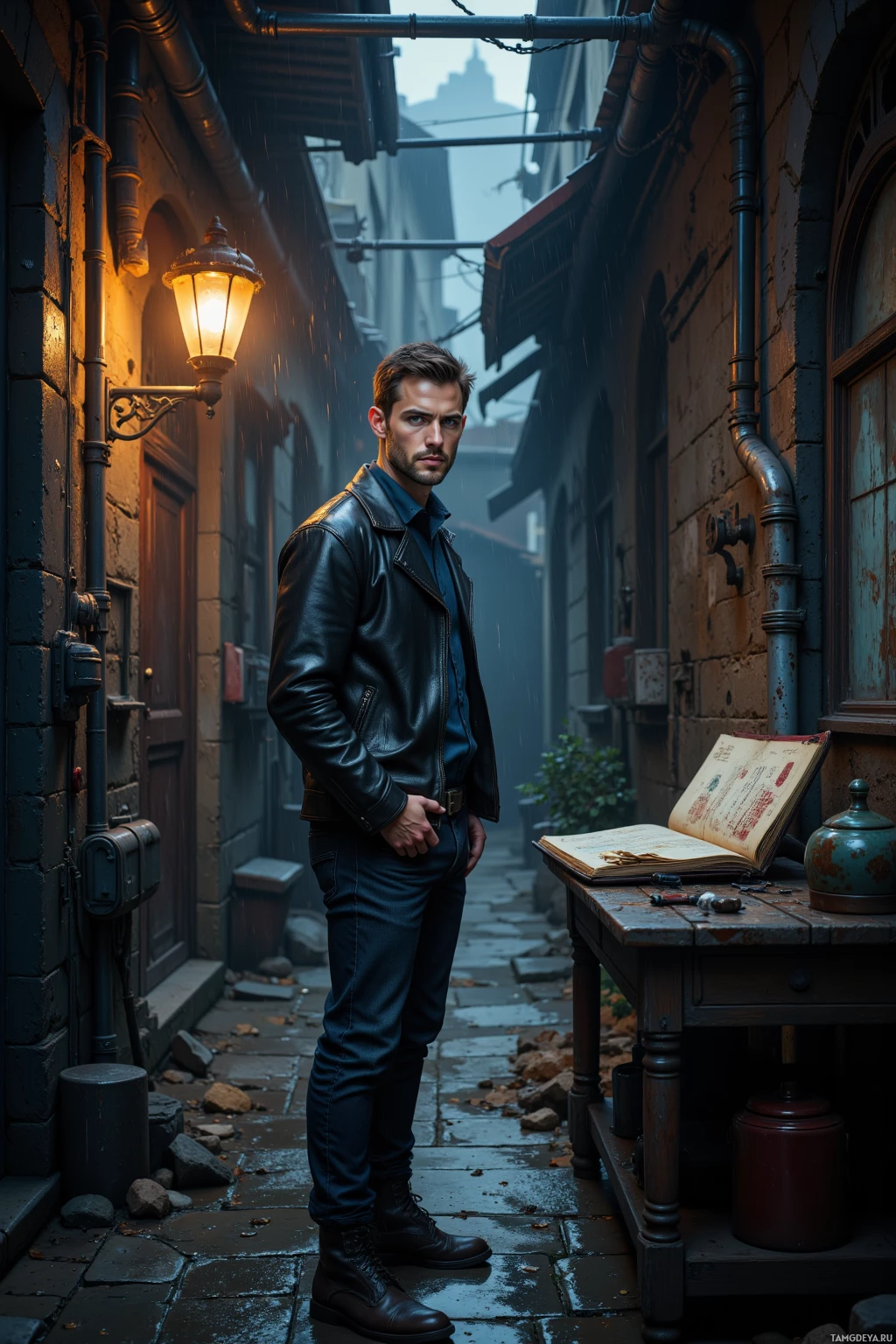 A man stands in a dimly lit alleyway, wearing a leather jacket and jeans, with a lamp casting a warm glow on the wet cobblestones.