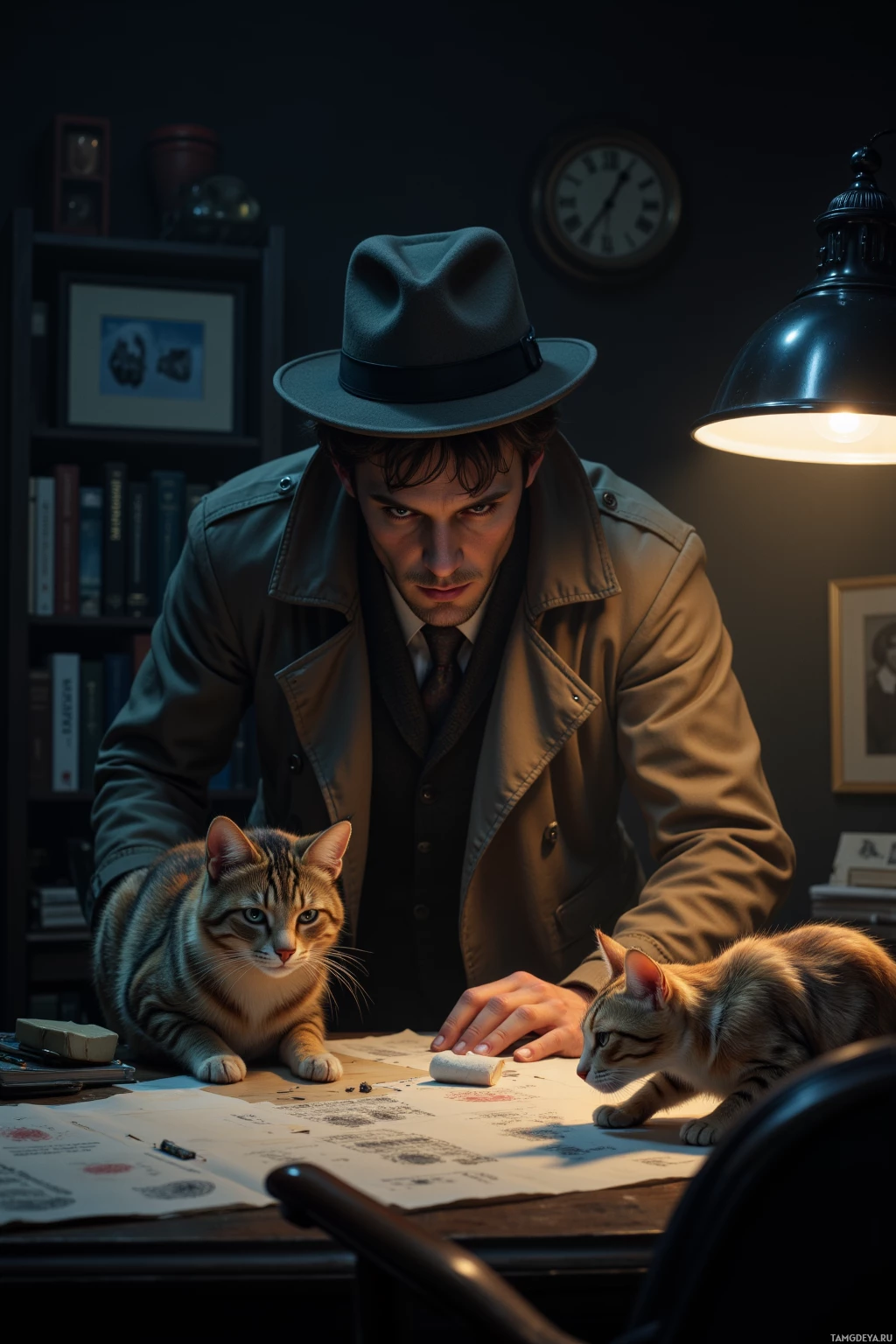 A man in a fedora and trench coat leans over a desk with a cat, examining documents and fingerprint evidence.