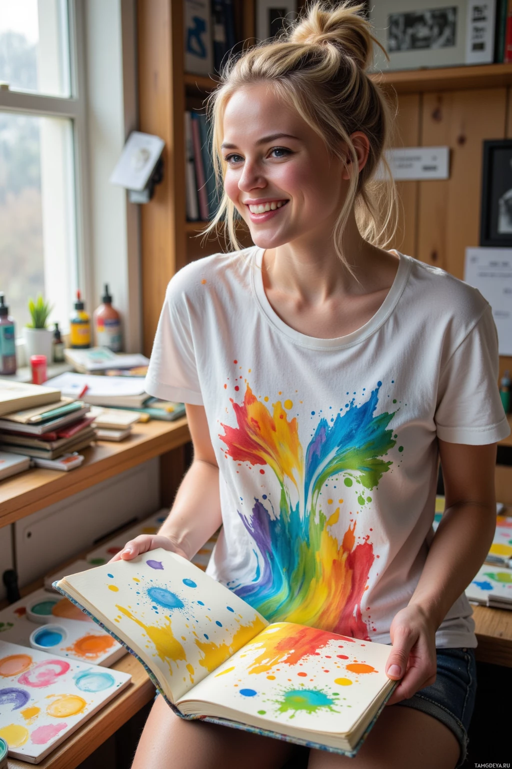 A person wearing a white t-shirt with a colorful paint splatter design holds an open book with matching paint splatter patterns.