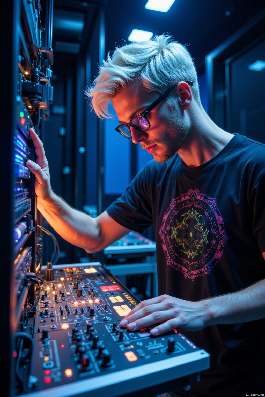 A person with blonde hair and glasses is operating a sound mixing console in a dimly lit studio.