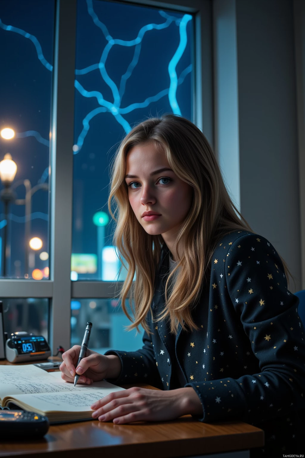 A young woman sits at a desk, writing in a notebook with a pen, in front of a window with a night cityscape.