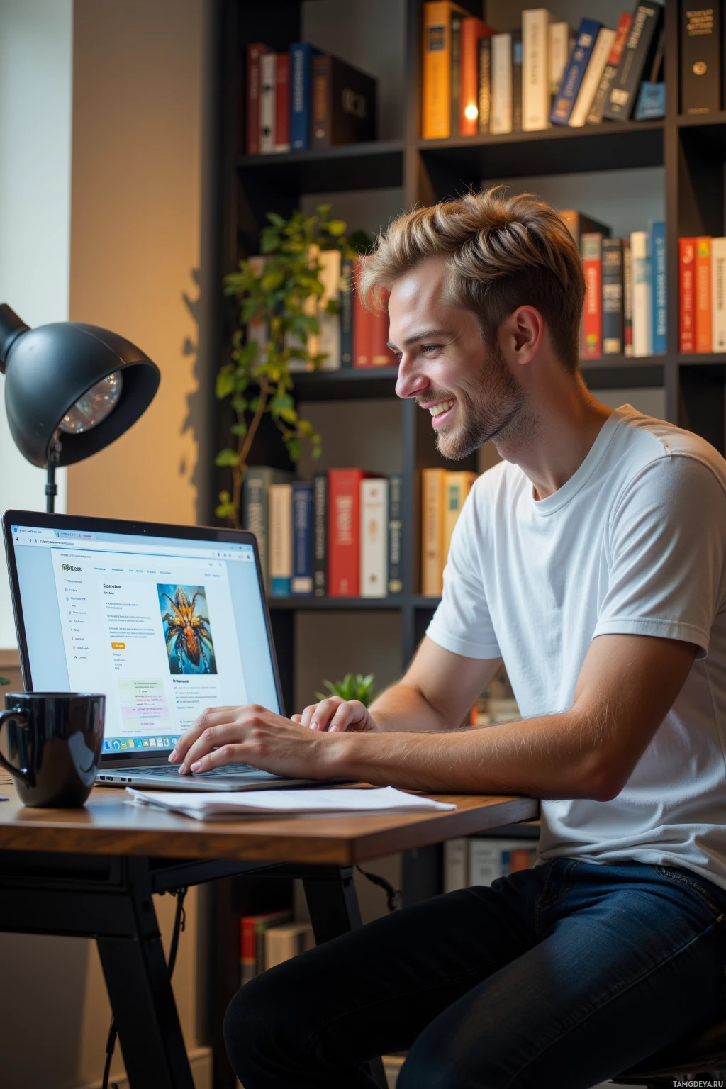A man is sitting at a desk, working on a laptop in a room with bookshelves.