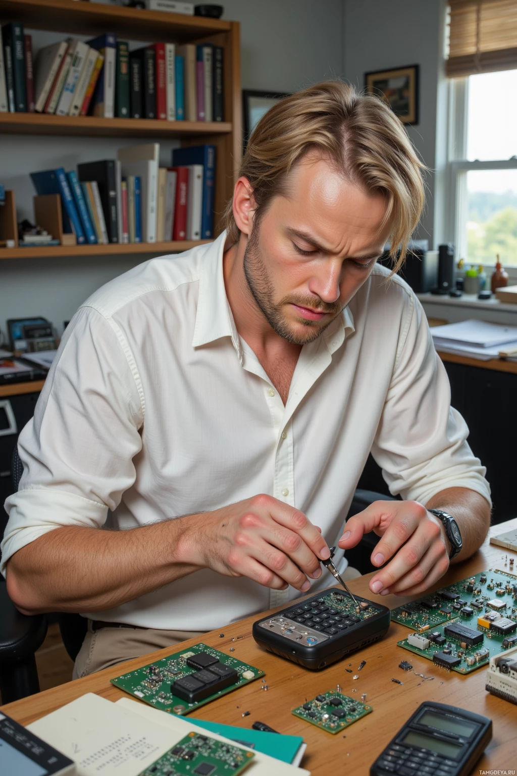 A man is working on electronic components at a desk.