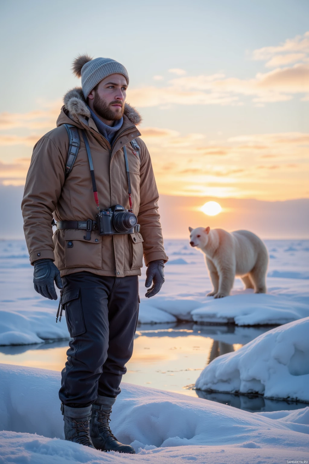 A man in winter gear stands on snowy terrain with a polar bear in the background at sunset.