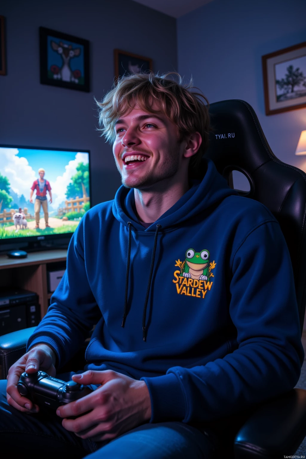 A person wearing a blue hoodie with a frog logo sits in a gaming chair, holding a controller, with a TV screen displaying a video game in the background.
