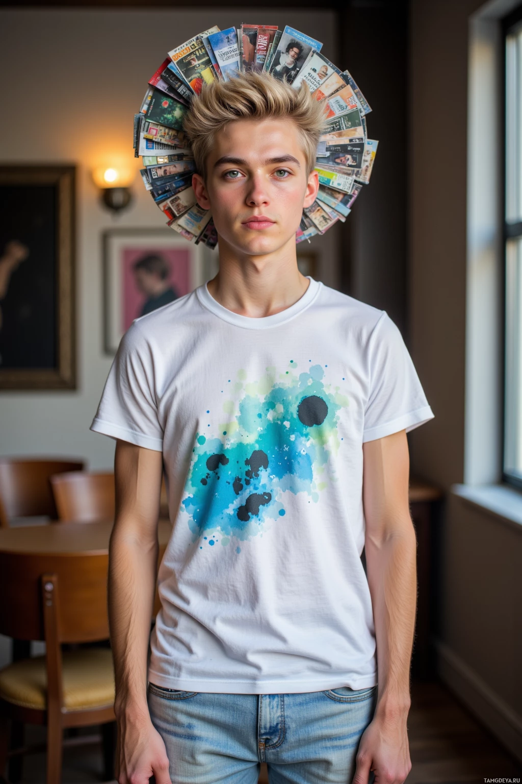 A young person stands indoors wearing a white T-shirt with a blue watercolor design and jeans, with a collection of books or magazines stacked on their head.