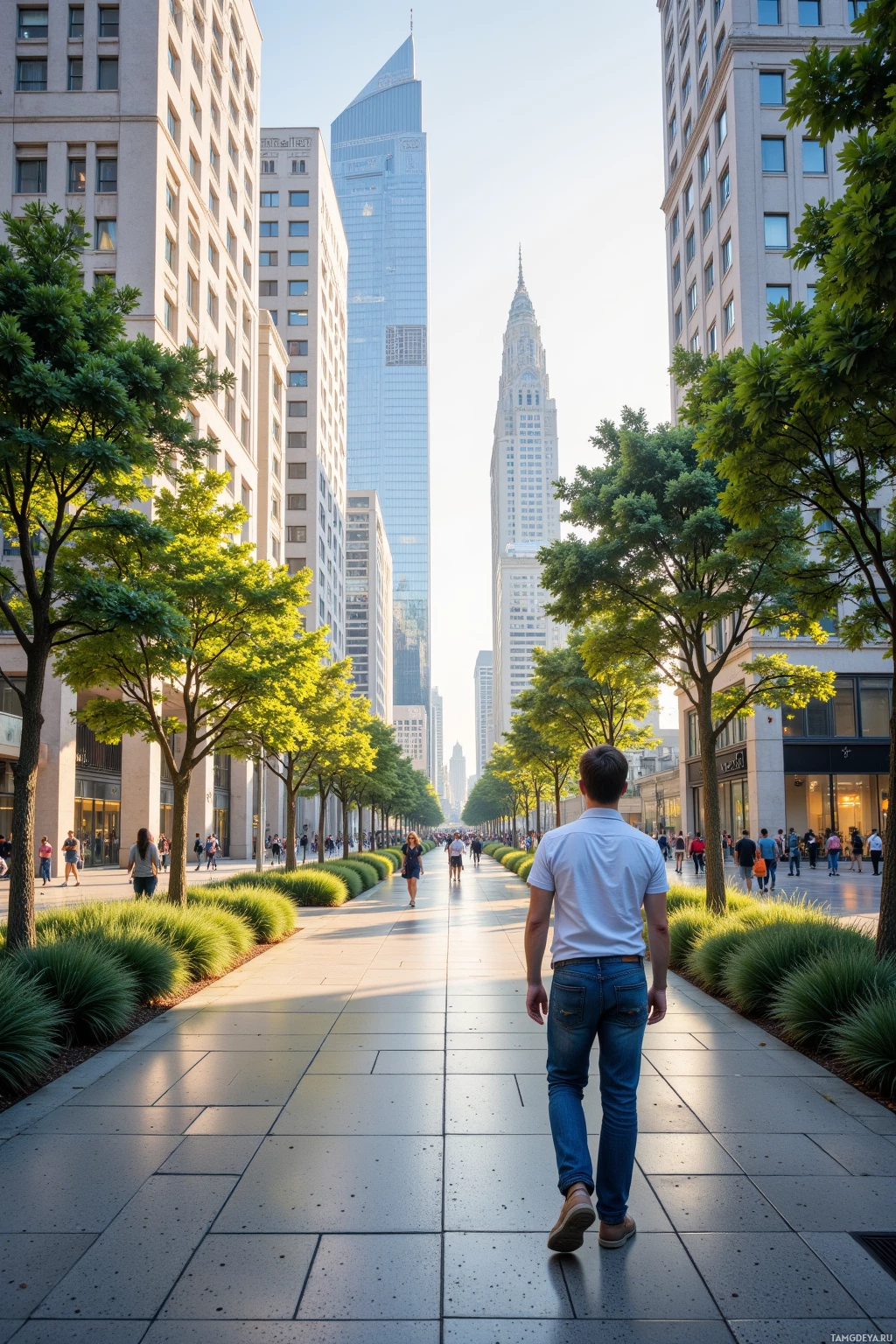 A person walks down a tree-lined city street with tall buildings in the background.