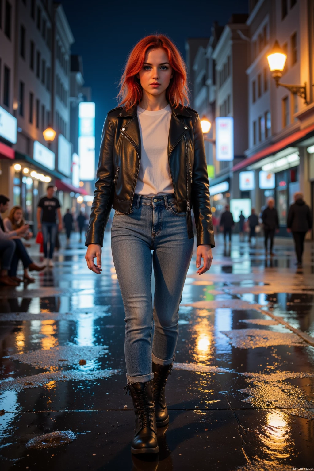 A woman in a leather jacket and jeans walks down a wet city street at night.