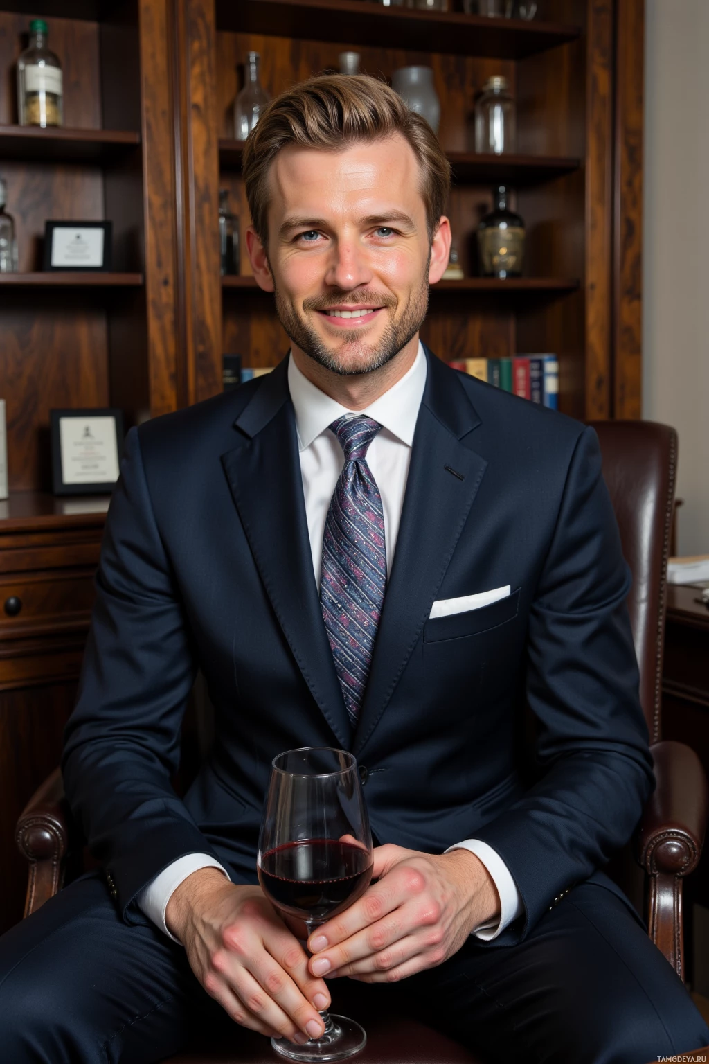 A man in a suit holds a glass of red wine while seated in a chair.