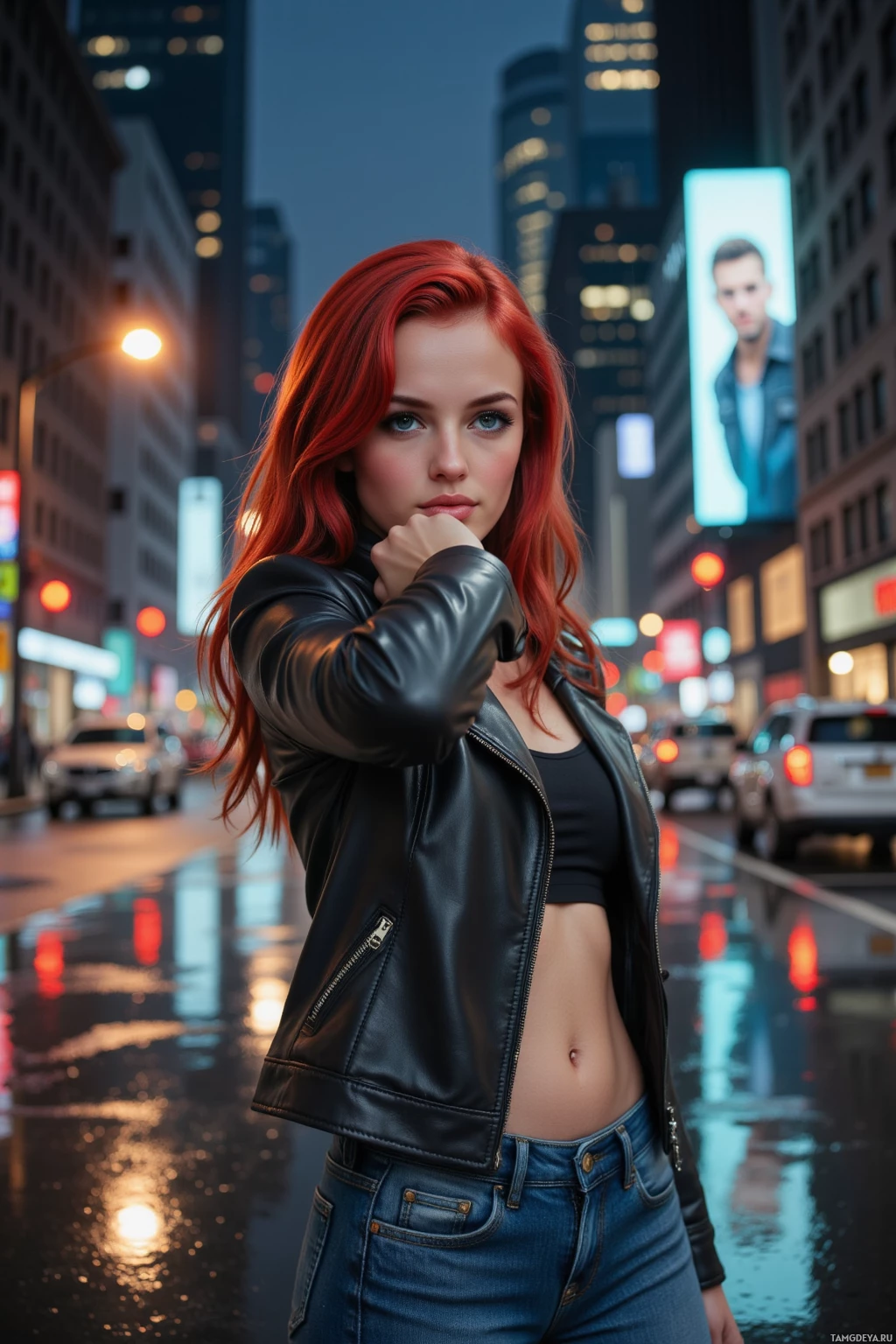 A woman with red hair stands on a city street at dusk, wearing a black leather jacket and jeans.