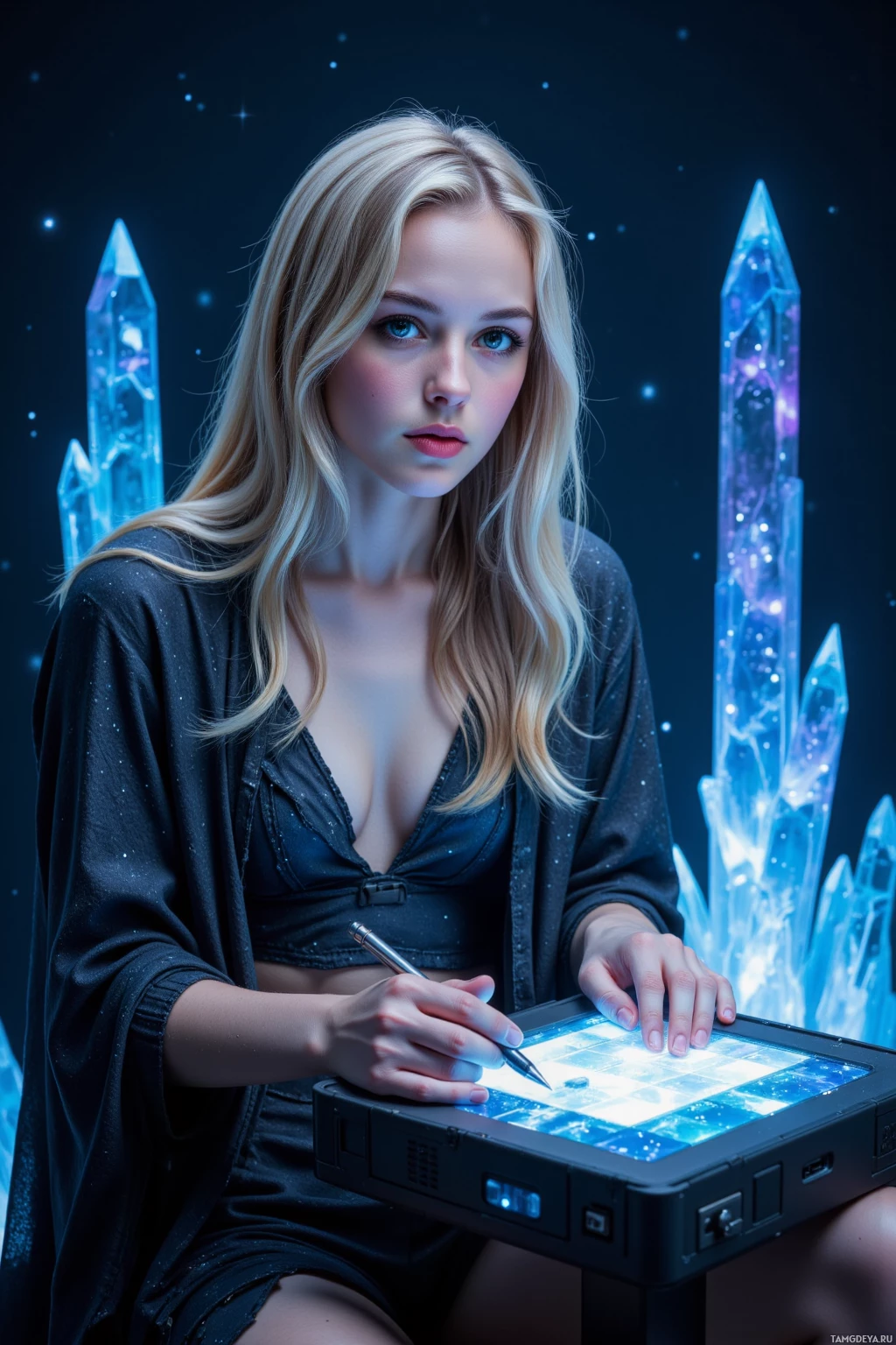 A woman with long blonde hair sits at a glowing tablet, surrounded by glowing crystals and a starry background.