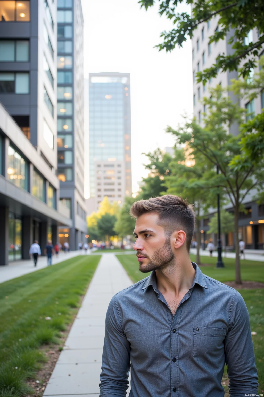 A man in a gray shirt stands on a sidewalk in an urban setting with tall buildings and greenery in the background.