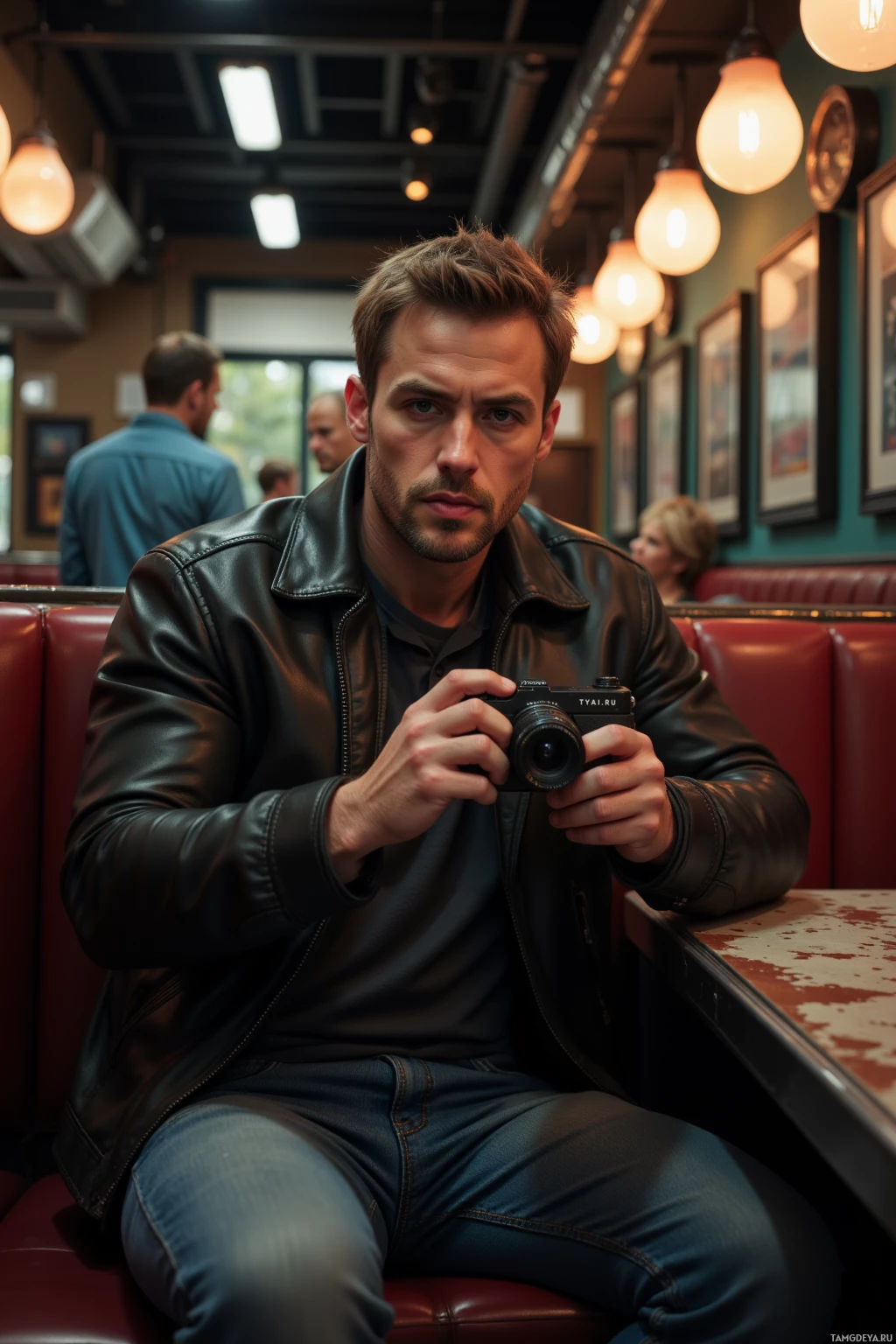 A man in a leather jacket sits in a diner booth holding a camera.