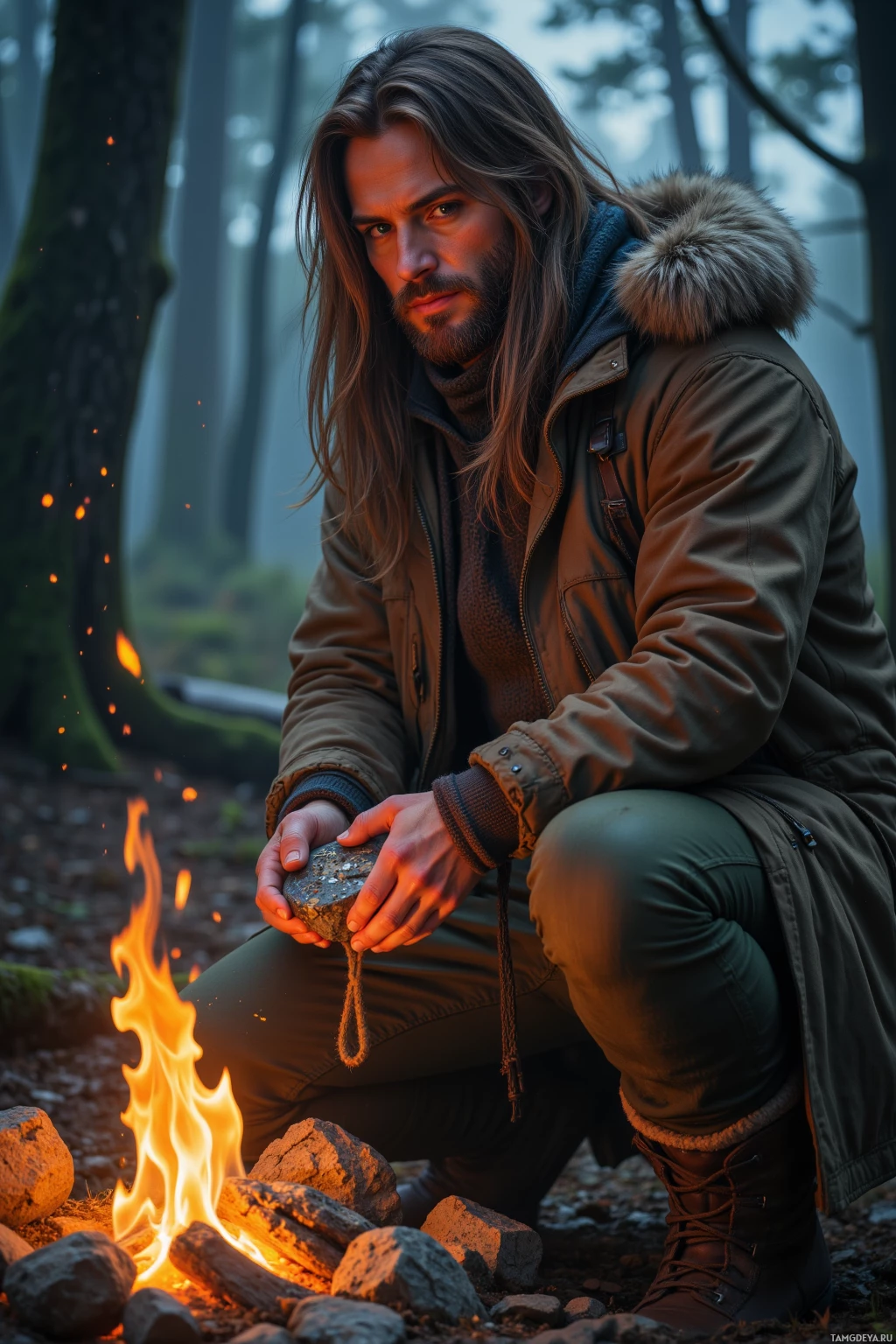 A person in a forest setting, wearing a jacket and boots, sits beside a campfire.